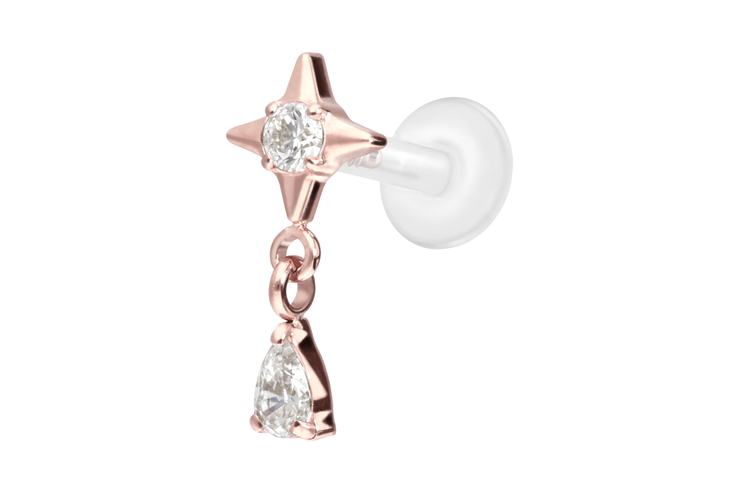 PTFE Labret Piercing mit Innengewinde + Titan-Aufsatz STERN + KRISTALLTROPFEN